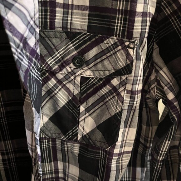 Helix Button Up Shirt Mens L Black White Checkered Plaid Western Roll Up Cuffs - Picture 7 of 12
